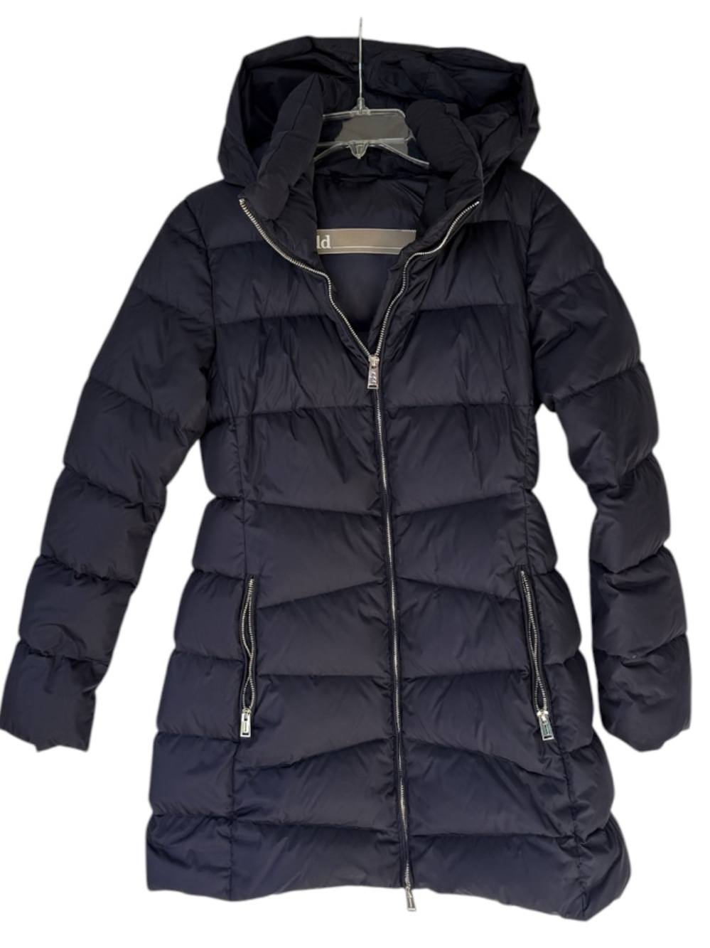ADD Duck Down Hooded Puffer Coat Navy Blue Mid Length Women’s US 4 Small